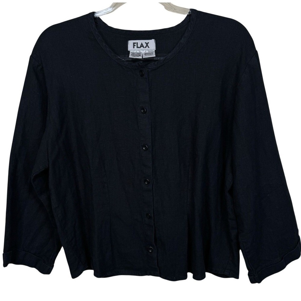 FLAX Linen Shirt‎ Medium Black 100% Linen Button Front 3/4 Sleeve Lagenlook Top